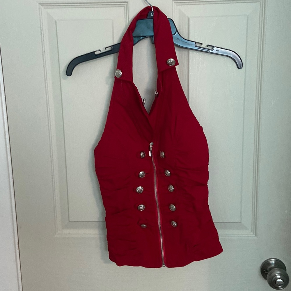 red button halter top